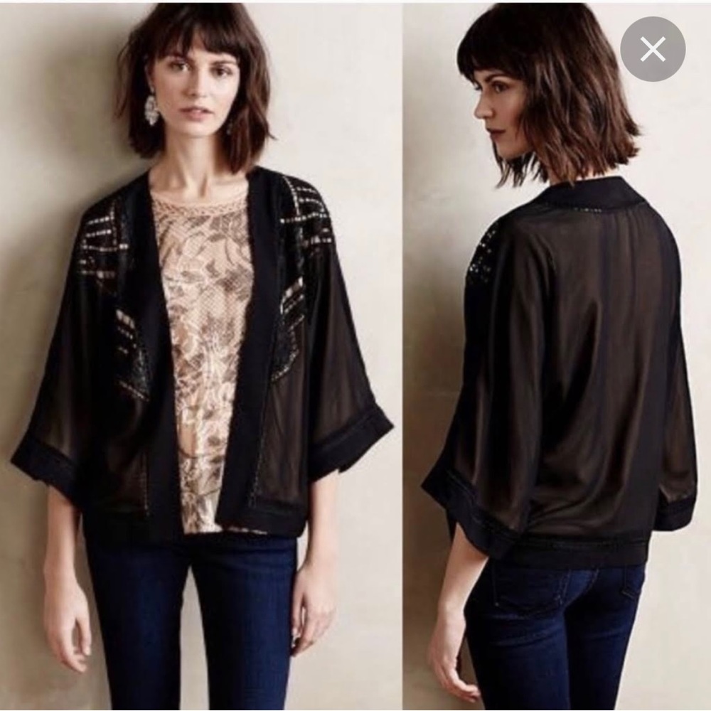 DELETTA Anthropologie Black Beaded Short Kimono Sleeve Jacket Cardigan